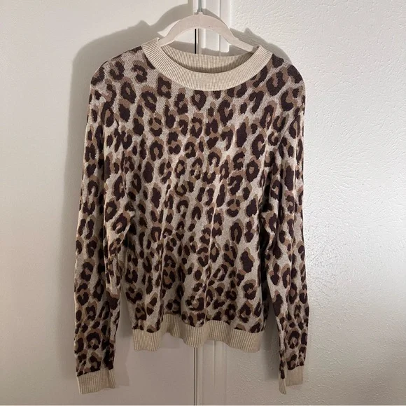 A New Day Cream Brown Leopard Print Knit Crewneck Pullover Sweater Size Small - Picture 7 of 11